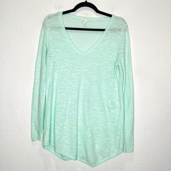 Eileen Fisher Organic Linen & Cotton Tape V Neck Sweater Tunic XS Teal Relaxed - Picture 1 of 7